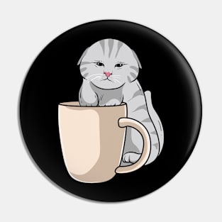 Cute cute, tired cat with coffee cup. Pin