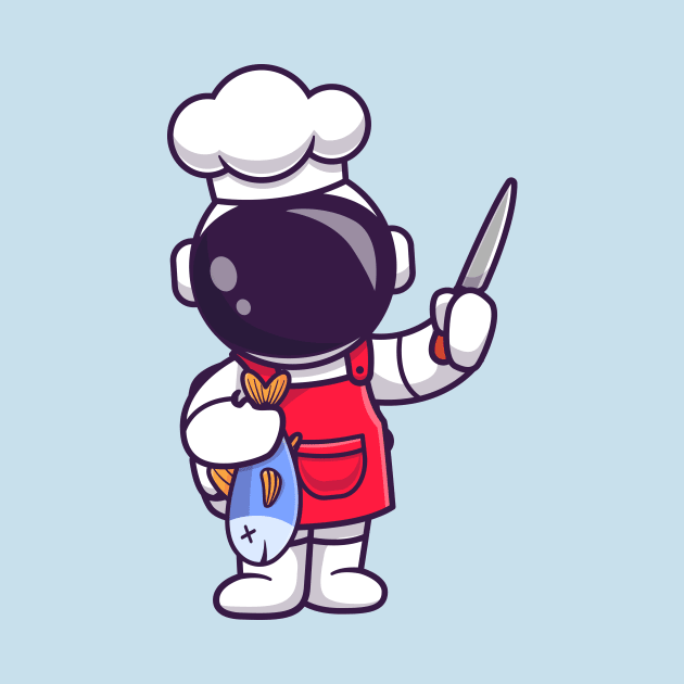 Cute Astronaut Chef With Fish And Knife Cartoon by Catalyst Labs