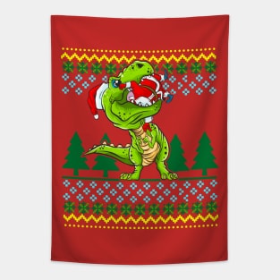 T Rex Eating Santa Claus Christmas Ugly Sweater Pattern Tapestry