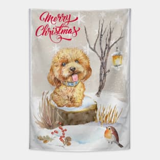 Apricot Poodle Puppy Merry Christmas Santa Dog Tapestry