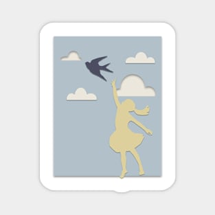 Paper cutout girl reaching for bird Magnet