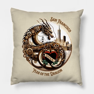 Steampunk Eastern Dragon with San Francisco Skyline - Lunar New Year 2024 Pillow