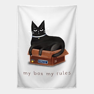 Cartoon black cat in a box and the inscription "My box - my rules". Tapestry