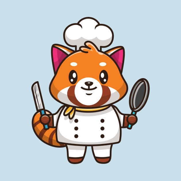 Cute Red Panda Chef Holding Pan And Knife Cartoon by Catalyst Labs