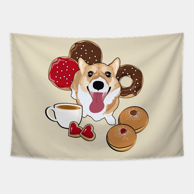 Coffee and Donuts Corgi Tapestry by MaplewoodMerch