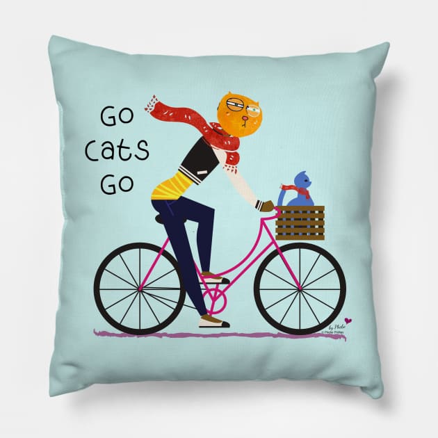 Go Cats Go Pillow by Phebe Phillips