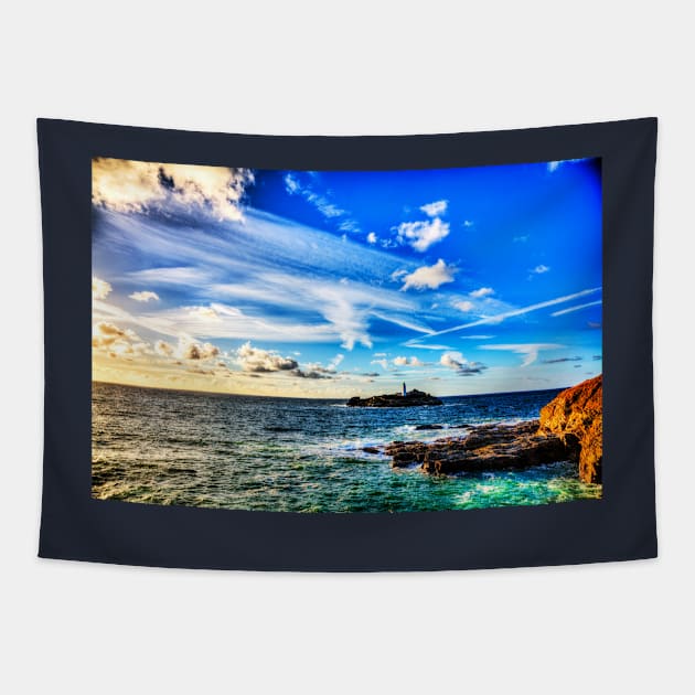 Godrevy Lighthouse Stunning Sky Tapestry by tommysphotos