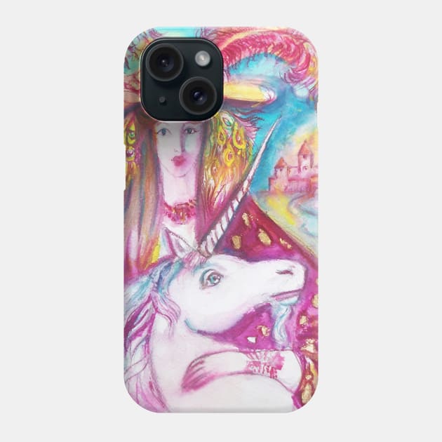 UNICORN  AND LADY WITH PEACOCK FEATHERS Phone Case by BulganLumini