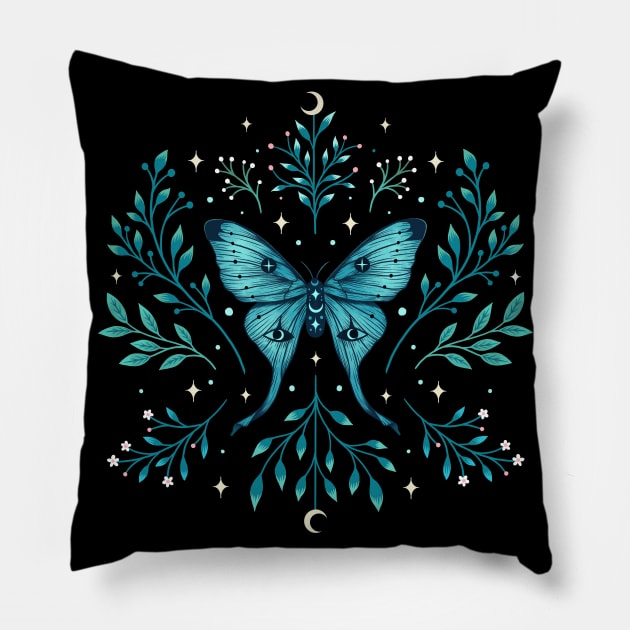 Mystical Luna Moth - Turquoise Pillow by Episodic Drawing