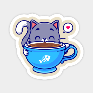 Cute Cat Drink Coffee Cartoon Magnet