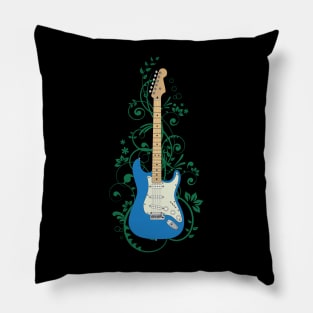 Blue S-Style Electric Guitar Flowering Vines Pillow