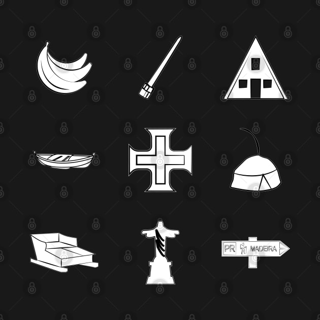 Madeira Island icons: Bananas, Poncha, Santana House, Fishing Boat, Cross, Folklore Hat, Toboggan Ride, Christ the Redeemer and Recommended Walking Route sign (PR) in black & white by Donaby