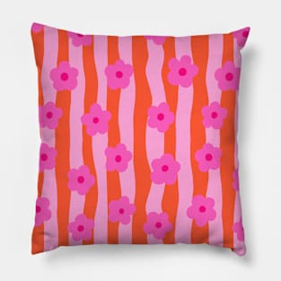 Pink Groovy Flowers on a Wavy, Stripy Orange Background Pillow