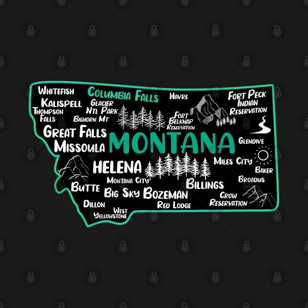 Cute map of Columbia Falls Montana, Helena, Missoula, Great Falls, Bozemian, Billings, Kalispell, Big Sky by BoogieCreates