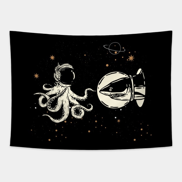 Shark and octopus encounter in space Tapestry by Unelmoija