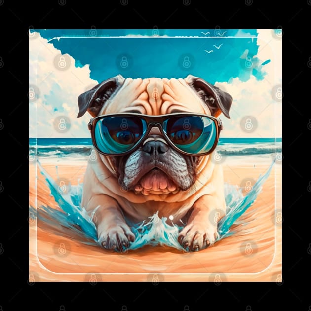 Pug on beach by Arassa Army