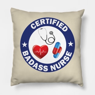 for Nursing Students and Nurses Certified Badass Nurse Circle Blue and white Design Pillow