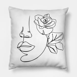 Minimal woman line art. One line woman face with rose flower. Pillow