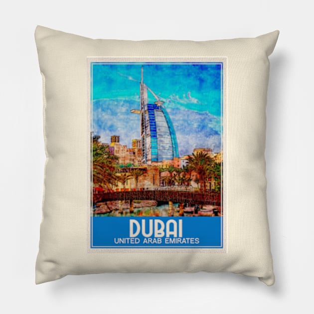 Travel Art Dubai United Arab Emirates Pillow by faagrafica