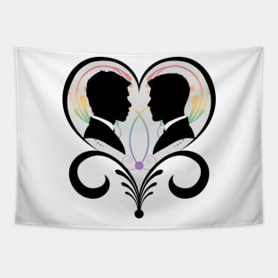 Two Gay Pride Grooms Inside an Elegant Heart Tapestry