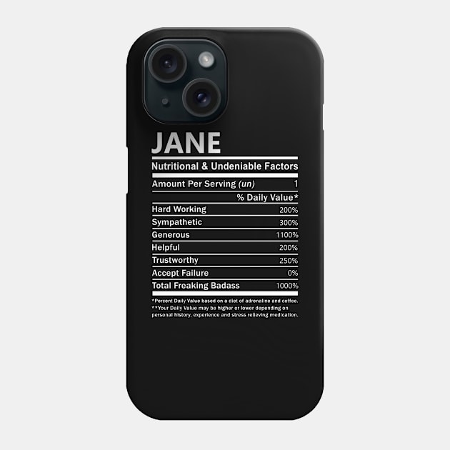 Jane Name T Shirt - Jane Nutritional and Undeniable Name Factors Gift Item Tee Phone Case by nikitak4um
