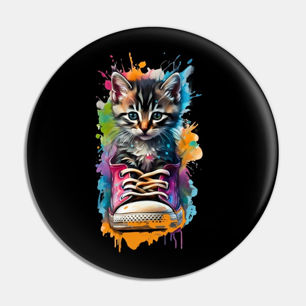 Cute Kitten In A Sneaker Watercolor Color Splash Design Pin by TF Brands