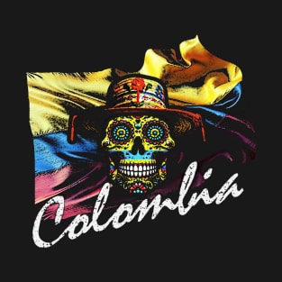 Distressed Colombian Pride Sugar Skull Flag Neon Art T-Shirt