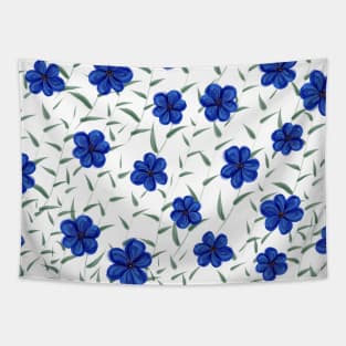 Blue Watercolor Flowers with Green Leaves Pattern Tapestry