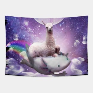 Space Llama Riding Axolotl - Rainbow Tapestry