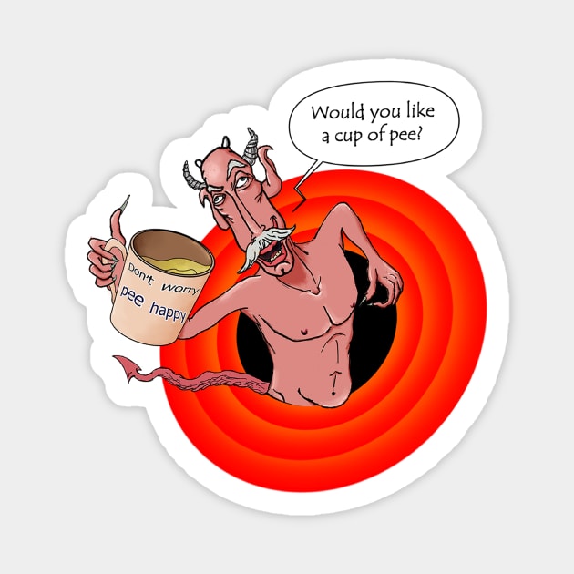 Funny & crazy demon offering "a cup of pee" Magnet by Gil Weinstein Studios