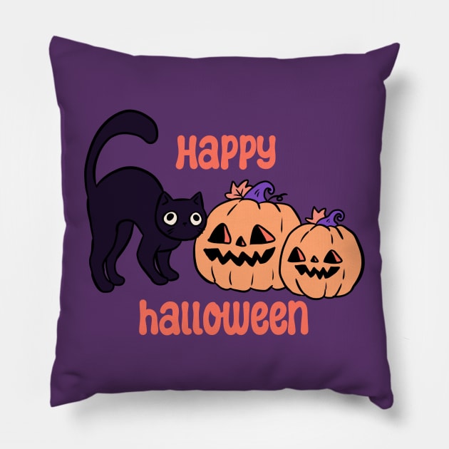 Happy halloween Cute black cat and pumpkin heads Pillow by Yarafantasyart