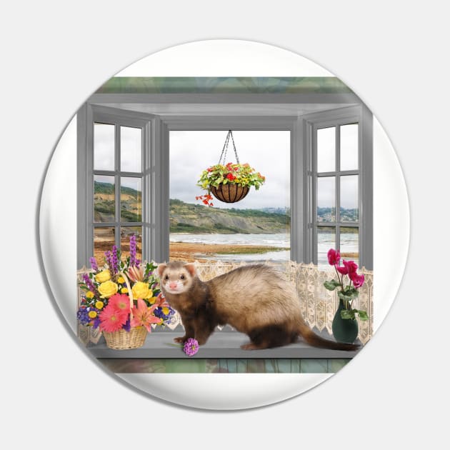 Summer Holiday Cute Ferret with flowers Art Pin by BarbaraGlebska