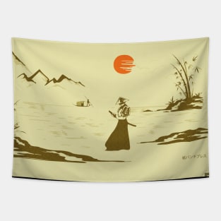 Riverside Serenity: Hand-drawn Samurai Watching Sunset Tapestry