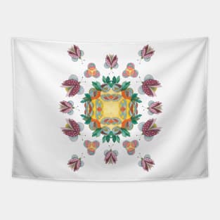 Flying pink ladybugs around yellow abstract flower Tapestry