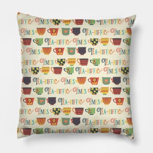 Tea-riffic Times. Retro inspired tea cups - beige Pillow