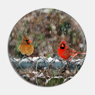 Winter Male and Female Cardinals Sitting On A Fence In A Snowstorm Pin