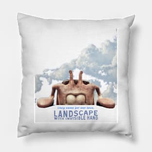 Landscape with Invisible Hand 2023 movie themed graphic design by ironpalette Pillow