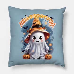 Halloween Hello Bootiful! Cute Friendly Ghost Wearing Witch Hat, Pumpkin, Bats Pillow