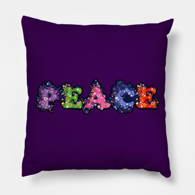 Peace word in colorful letters and flowers Pillow by pickledpossums