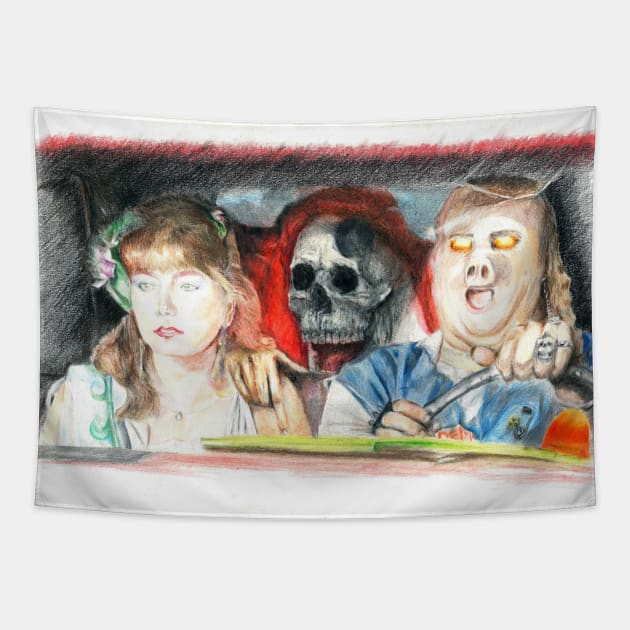 A lady, a pig and the grim reaper halloween art Tapestry by Producer