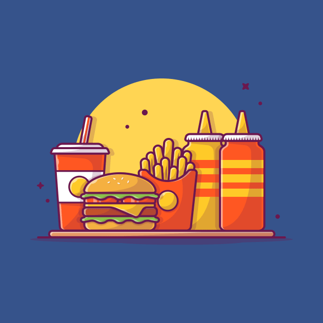 Burger, French fries And Soft Drink With Mustard And Sauce Cartoon by Catalyst Labs