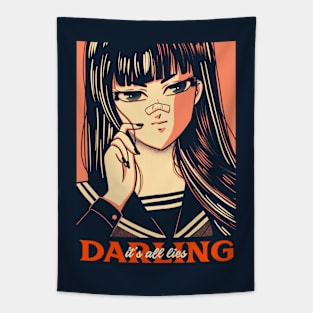 Retro Anime Girl It's All Lies Darling Tapestry