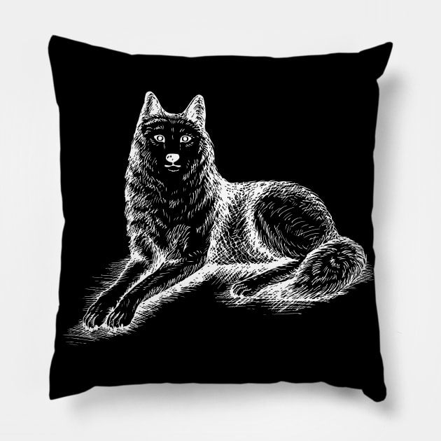 Lying Wolf (White) Pillow by illucalliart