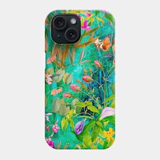 Cool tropical floral leaves botanical illustration, tropical plants,leaves and flowers, aqua turquoise leaves pattern Phone Case