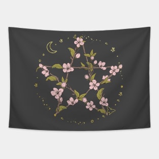 Cottagecore Witchcore Flowery Pentagram with Moons and Stars Tapestry