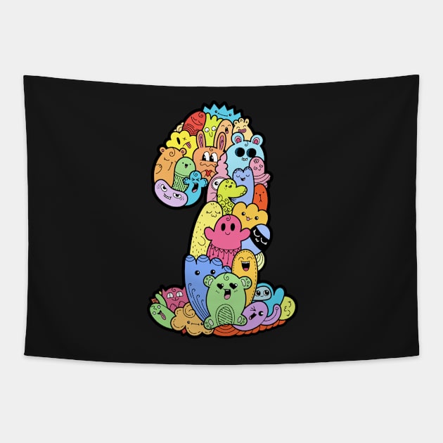 Number 1 one - Funny and Colorful Cute Monster Creatures Tapestry by funwithletters