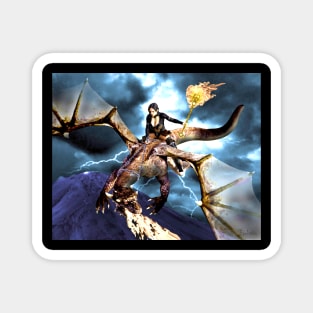 Witch warrior on dragon with flaming magic staff Magnet