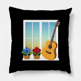 Acoustic Guitar Leaning Against Window with Flowers Pillow