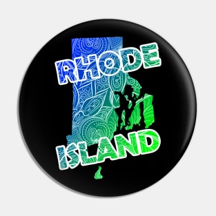 Colorful mandala art map of Rhode Island with text in blue and green Pin