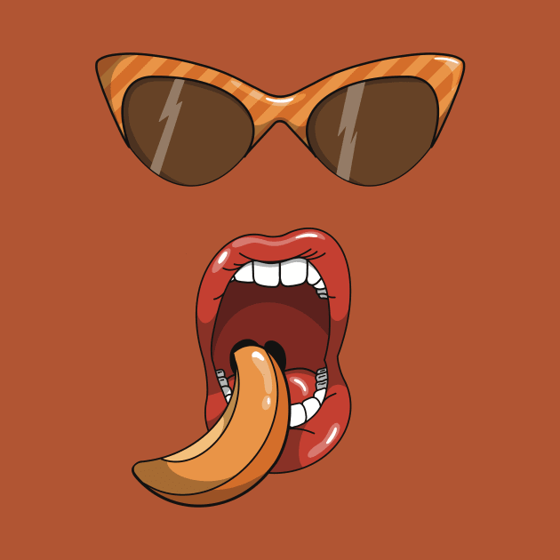 Mouth about to eat a slice of a peach while wearing matching orange striped sun glasses. by Fruit Tee